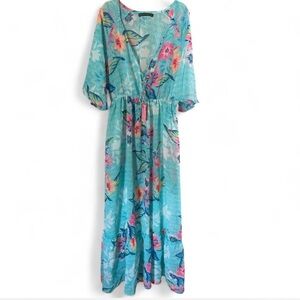 American & Beyond Turquoise Floral Maxi Dress with V-Neck beach cover up